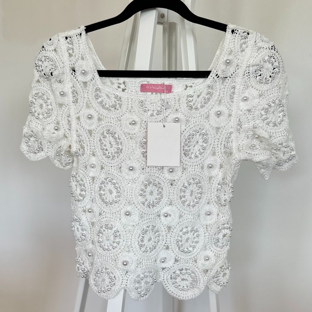 White Crochet Top with Pearl Beading